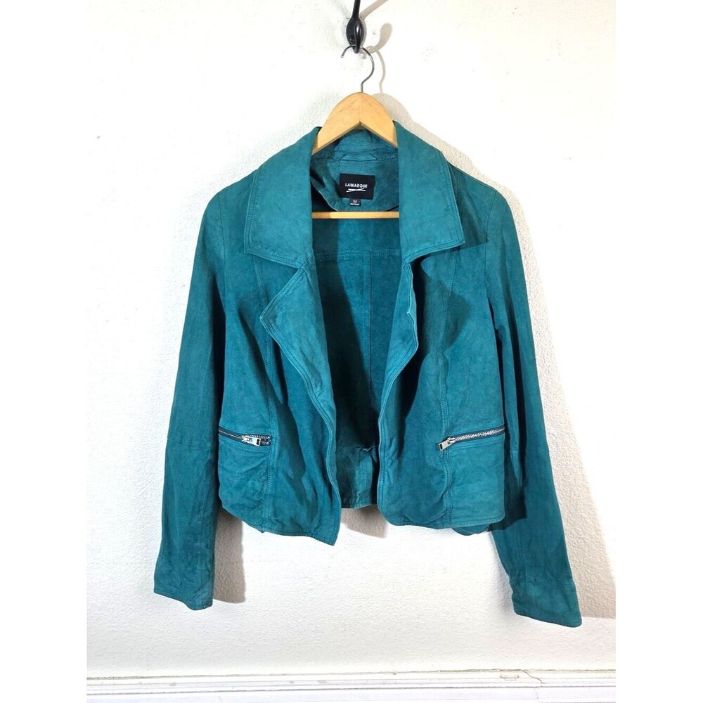 Lamarque Teal Suede Leather Open Front Jacket Womens M Waterfall Zip Pockets